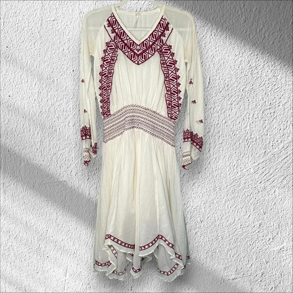 Free People Neo Folk Sz XS midi dress peasant embroidered flowy Boho Hippie